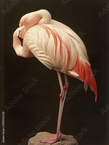 Elegant flamingo balancing on one leg with a serene posture amidst a soft backdrop