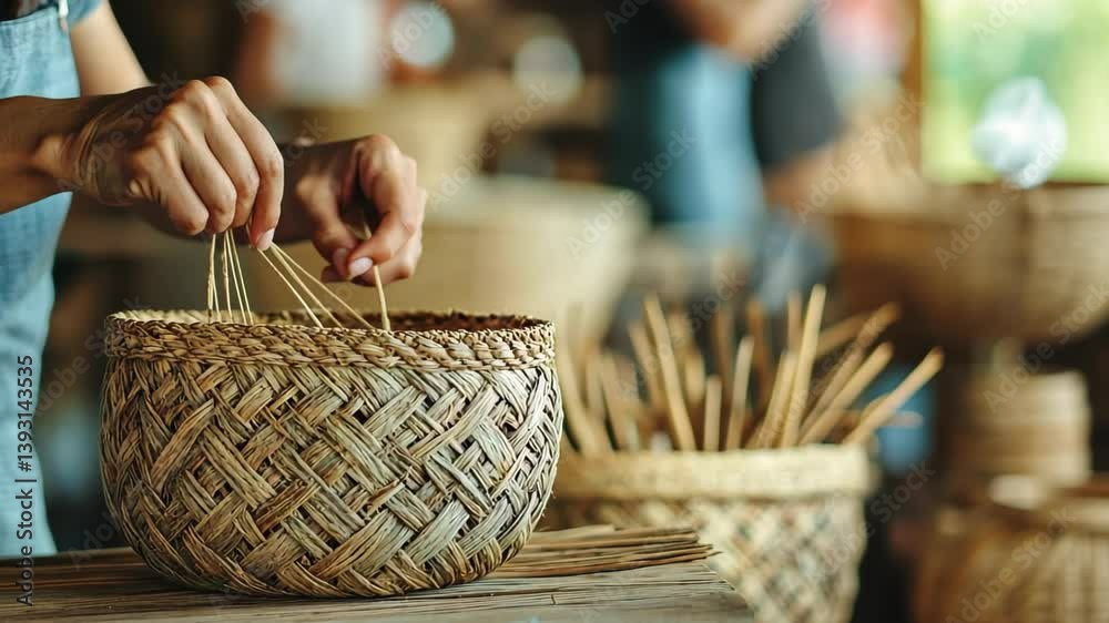 Basket weaving master class. Making household items with your own hands. Ecotourism, traditional crafts