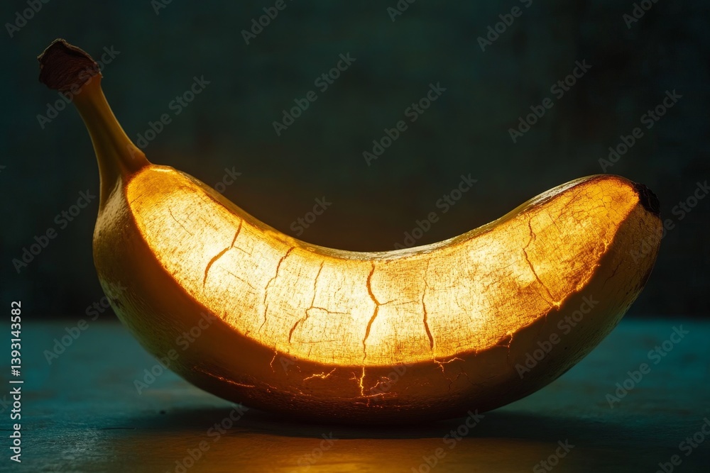Golden banana with a cracked surface revealing glowing light inside