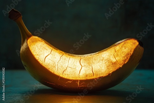 Obraz na płótnie Golden banana with a cracked surface revealing glowing light inside w salonie