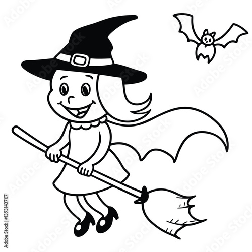 Cute cartoon Halloween witch character flying on a magic broom with a hat coloring page