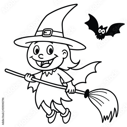 Cute cartoon Halloween witch character flying on a magic broom with a hat coloring page