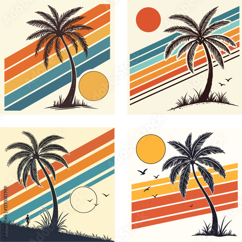 A palm tree silhouette on retro stripes with a sun background