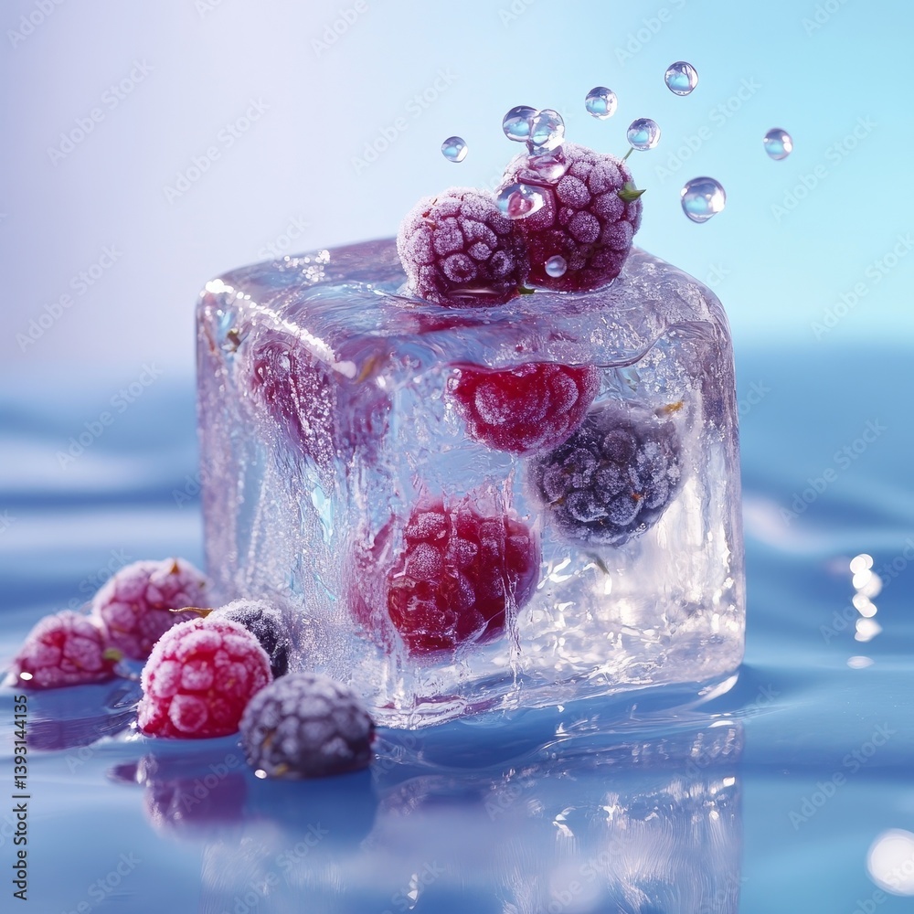Ice cube with frozen berries inside, melting and dripping water