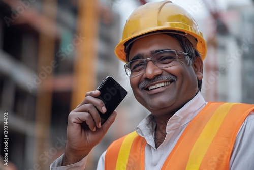 Construction Worker Smiling on Site While Talking on Mobile Phone During Daytime