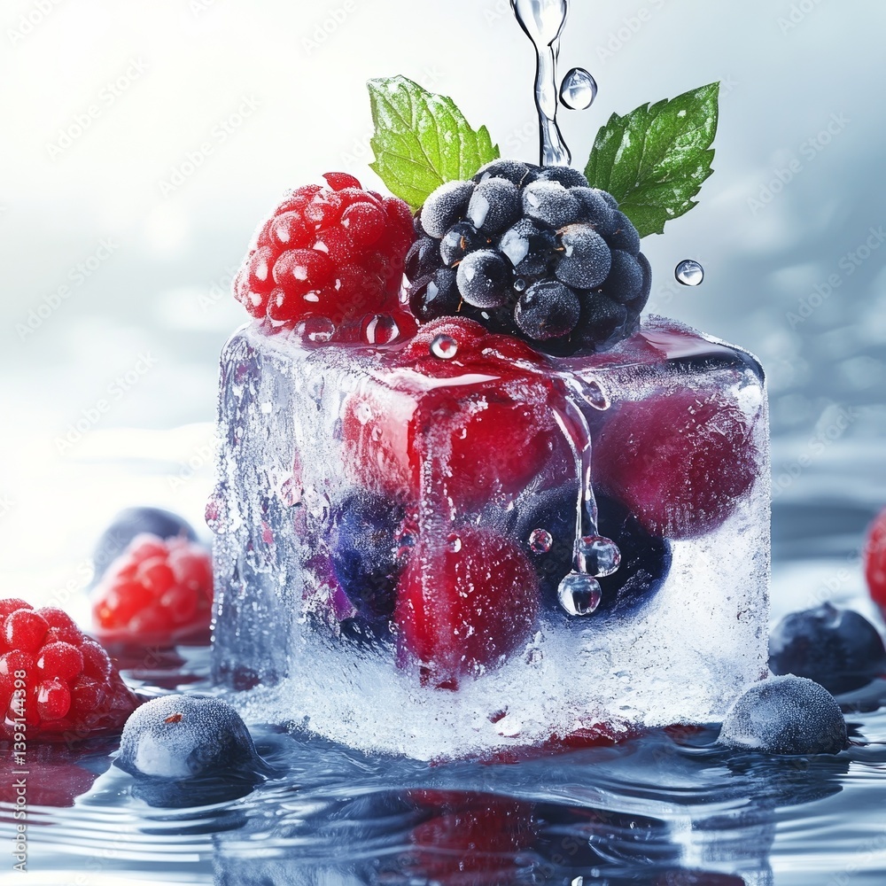 Ice cube with frozen berries inside, melting and dripping water