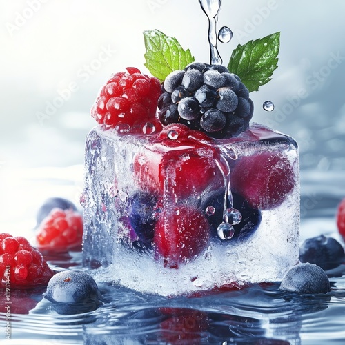 Obraz na płótnie Ice cube with frozen berries inside, melting and dripping water w salonie