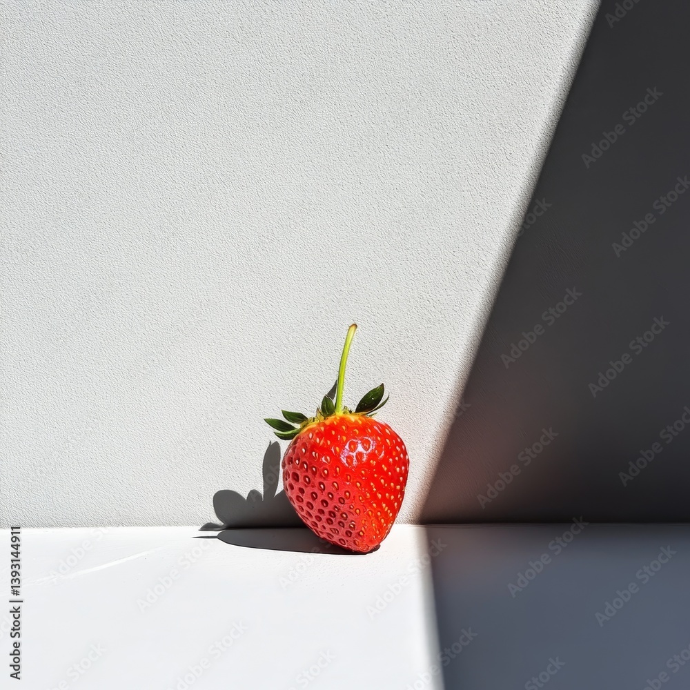 Close up of a single strawberry casting a dramatic shadow