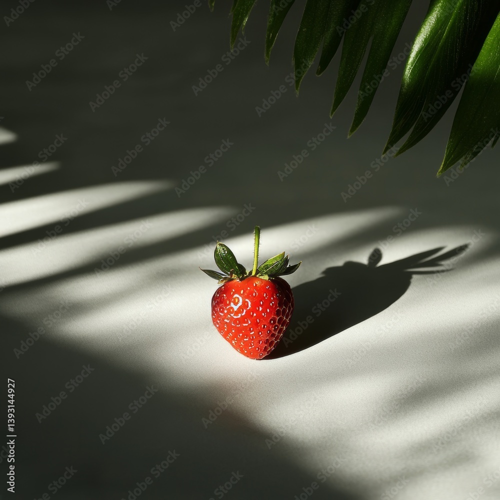 Close up of a single strawberry casting a dramatic shadow