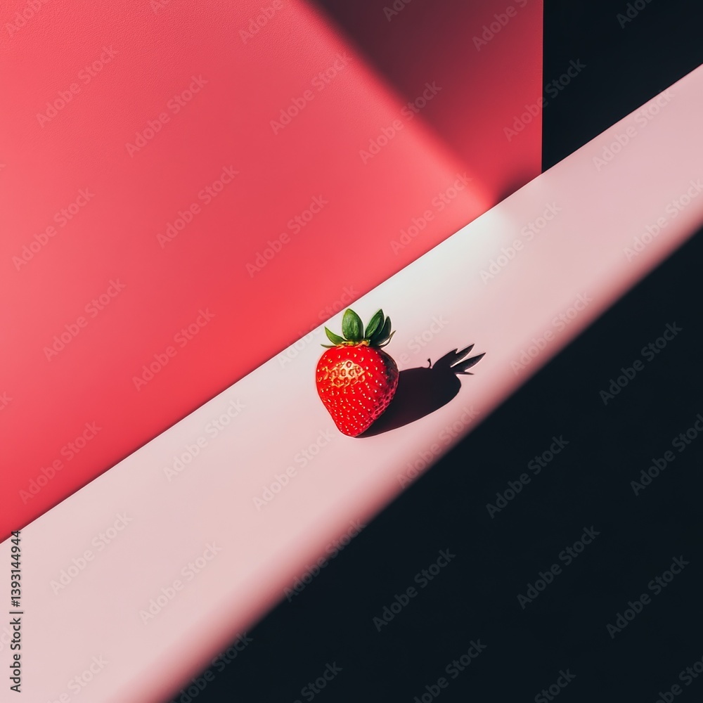 Close up of a single strawberry casting a dramatic shadow