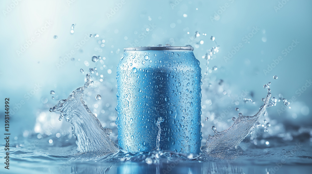 Blue soda can splashing into water on blue background Blue soda can splashing into water on blue background
