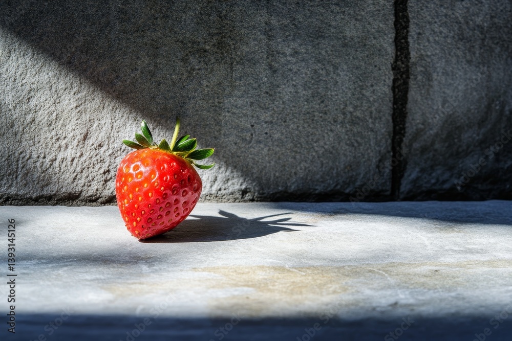 Close up of a single strawberry casting a dramatic shadow