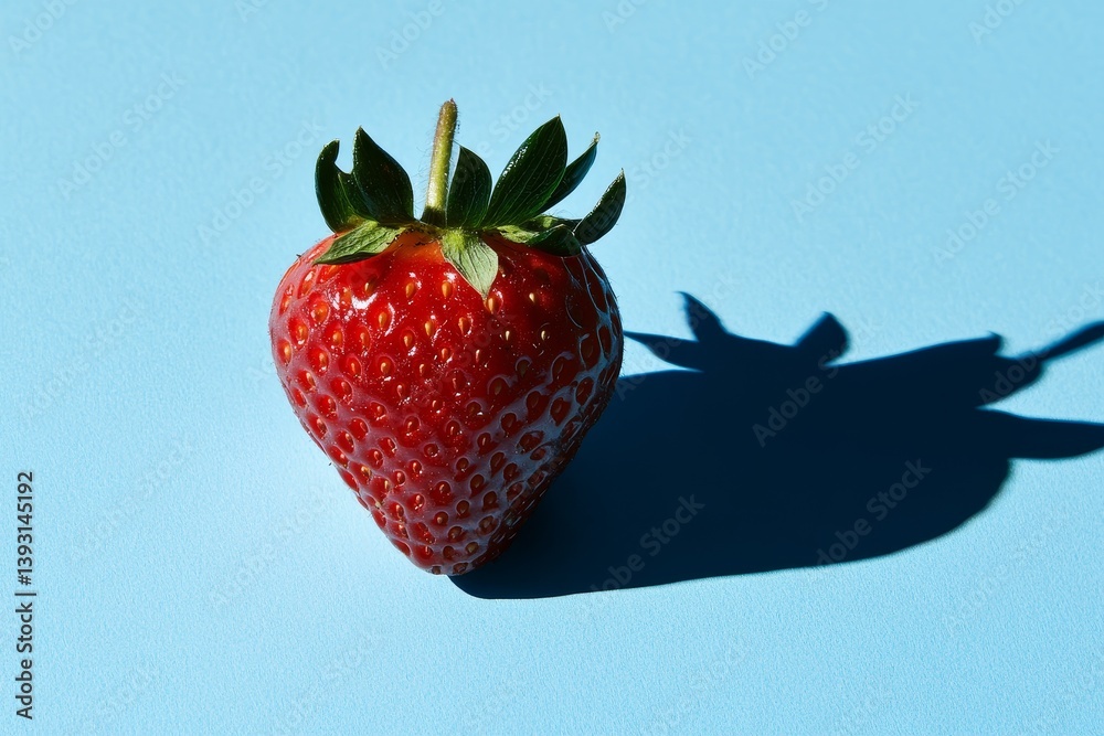 Close up of a single strawberry casting a dramatic shadow