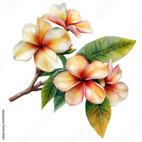 A watercolor vector illustration of a plumeria branch, isolated on a white background.

