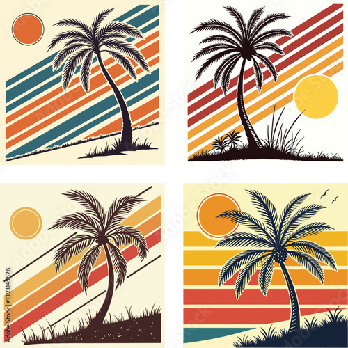 A palm tree silhouette on retro stripes with a sun background
