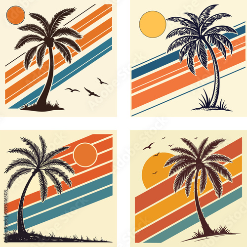 A palm tree silhouette on retro stripes with a sun background
