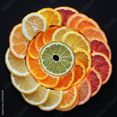 Perfectly symmetrical citrus slices arranged in a spiral pattern