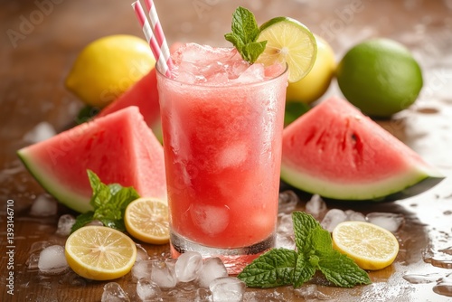 Refreshing Watermelon Lemonade Cocktail With Fresh Fruits on Wooden Table