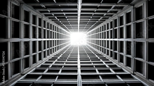 A deserted office building's dark, open elevator shaft contrasts sharply with bright external light - horizontal office abstract