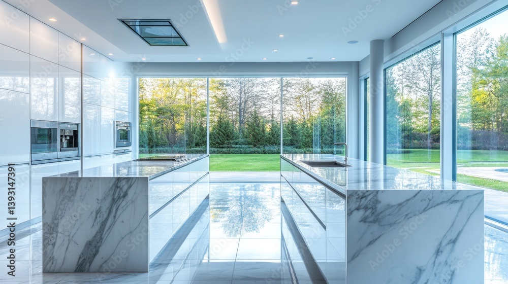 Fototapeta premium A sleek modern kitchen with marble countertops, minimalist design, and large windows letting in natural light