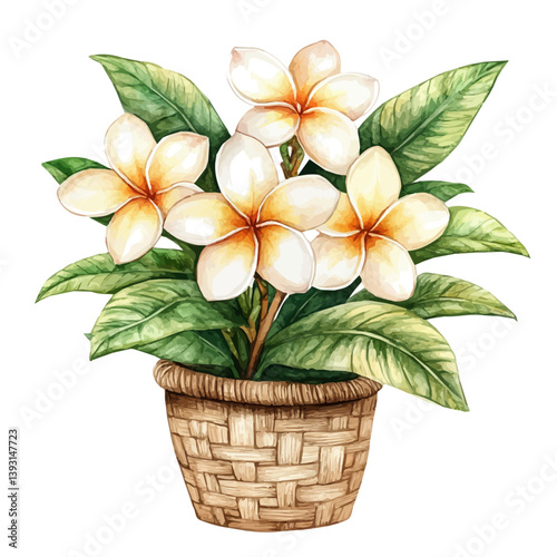 A watercolor vector illustration of a plumeria bouquet in a basket, isolated on a white background.

