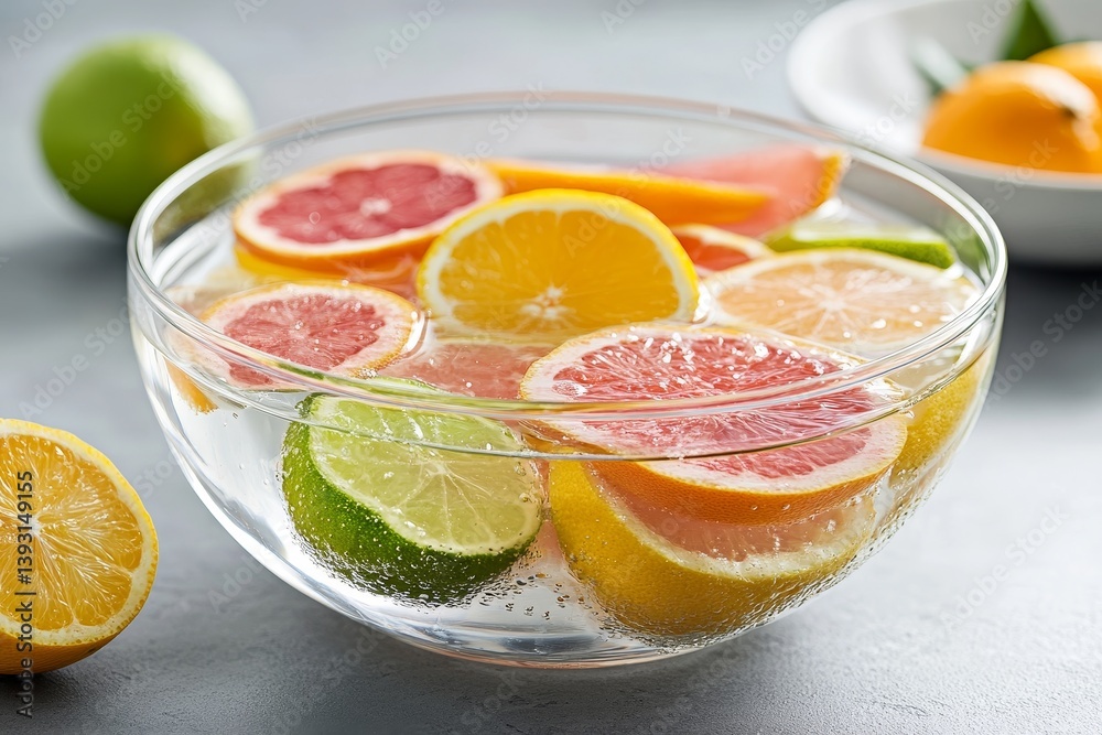 Transparent glass bowl filled with water and submerged citrus fruits