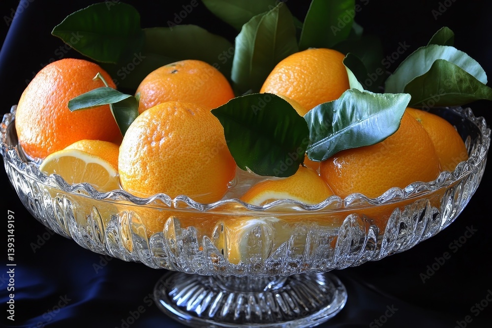 Transparent glass bowl filled with water and submerged citrus fruits