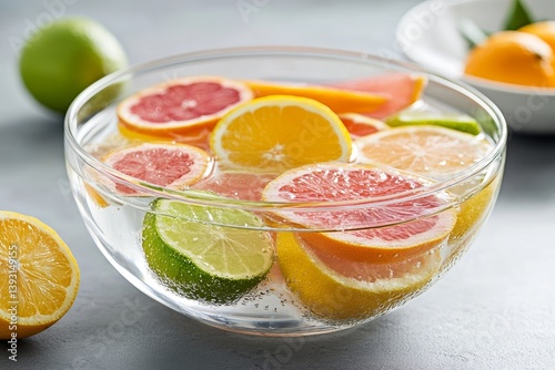 Obraz na płótnie Transparent glass bowl filled with water and submerged citrus fruits w salonie