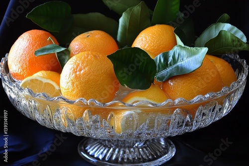 Obraz na płótnie Transparent glass bowl filled with water and submerged citrus fruits w salonie