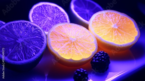 Obraz na płótnie Tropical fruits under ultraviolet light, creating a fluorescent glow w salonie