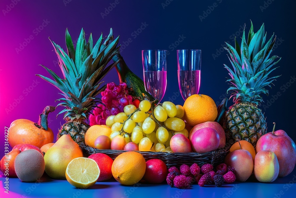 Tropical fruits under ultraviolet light, creating a fluorescent glow