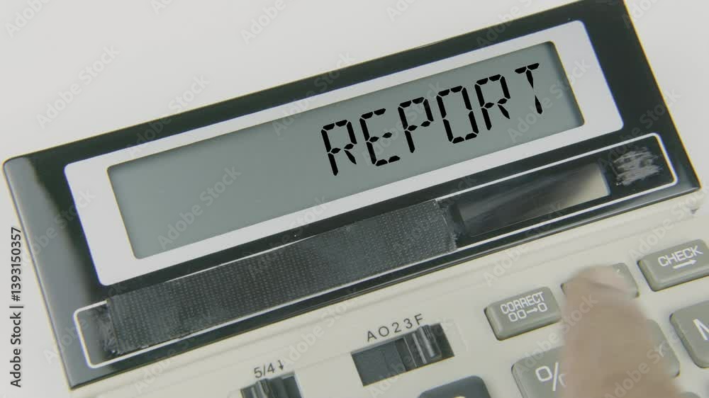 Report text or words displayed on a calculator's LED screen as a hand types numbers, symbolizing the process of financial reporting, data analysis, and business assessments for decision-making