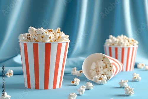 Fresh Popcorn in Striped and Polka Dot Containers on Blue Fabric Backdrop
