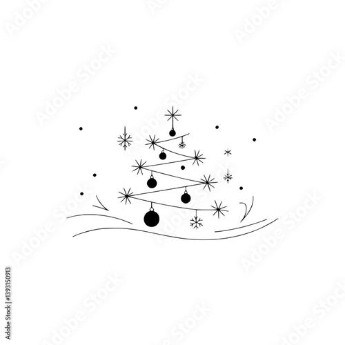 Minimalist Christmas Tree Illustration, Black & White Festive Design