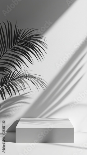 Bright Indoor Space With Natural Light and Palm Leaves Casting Shadows on a W...