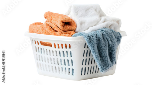 White plastic laundry basket overflowing with freshly washed towels isolated on white background