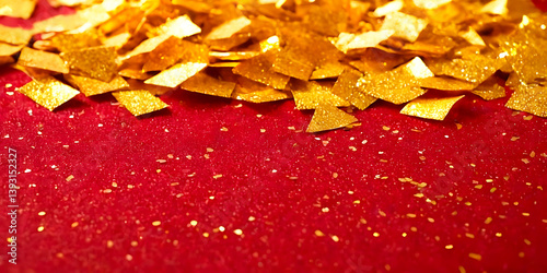 Festive golden glitter confetti on a deep red background. Perfect for holiday invitations, party decorations or any holiday project.