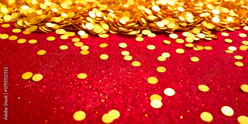 Festive golden glitter confetti on a deep red background. Perfect for holiday invitations, party decorations or any holiday project.