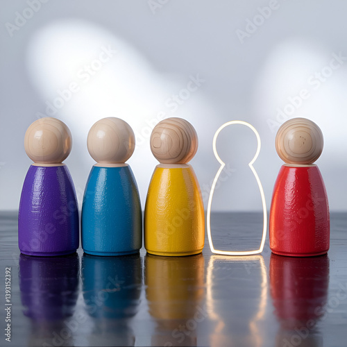 Teamwork Concept with Colorful Wooden Peg Dolls and Missing Member Silhouette on Glossy Black Surface  Symbol of Recruitment, Absence, or Diversity