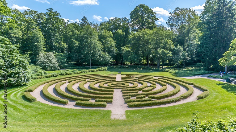 An aerial view showcases a green maze in a park setting An aerial view showcases a green maze in a park setting