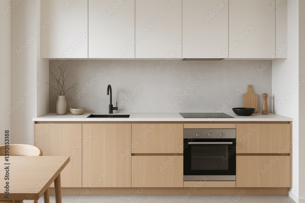 Fototapeta premium Modern Kitchen Interior Design With White Cabinets and Stainless Steel Appliances