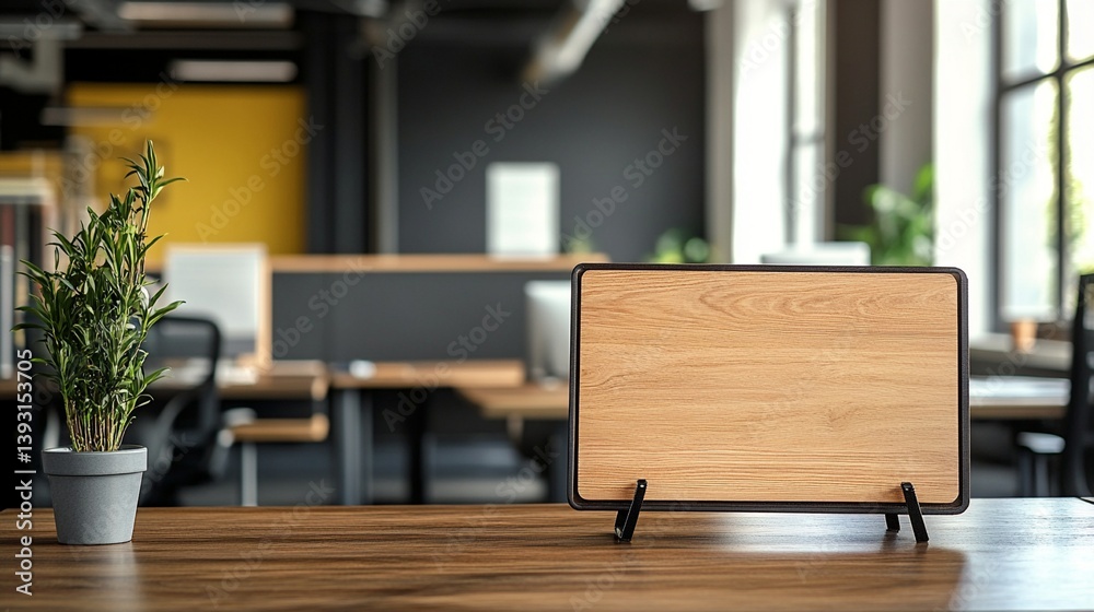 Modern minimalist workspace featuring a wooden board on a sleek wooden desk with a green potted plant, creating a clean and inspiring professional environment with soft natural lighting