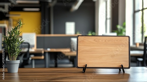 Obraz na płótnie Modern minimalist workspace featuring a wooden board on a sleek wooden desk with a green potted plant, creating a clean and inspiring professional environment with soft natural lighting w salonie