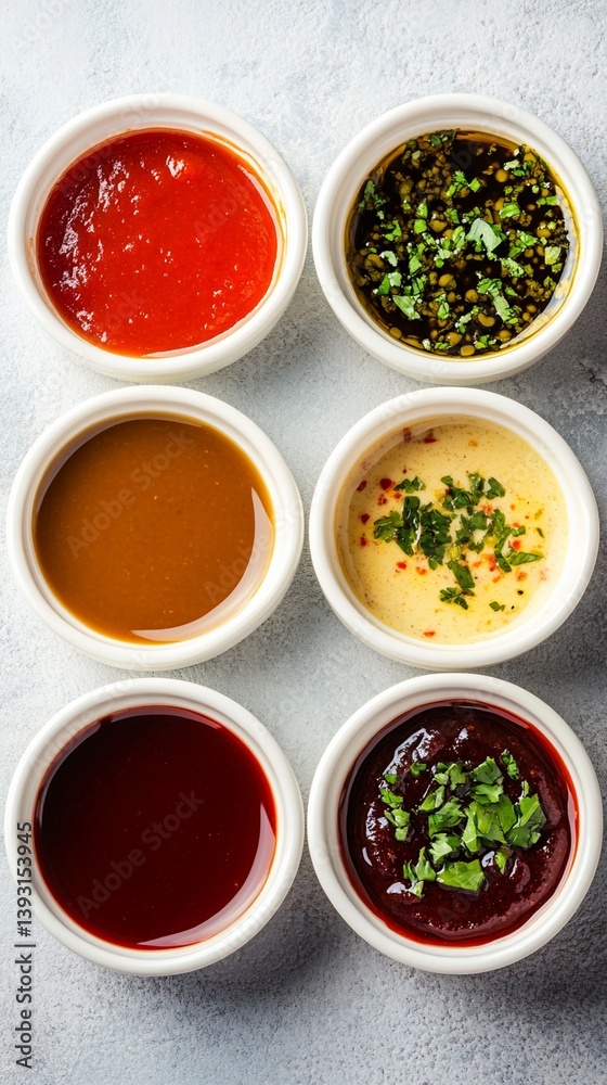 Culinary color palette: Six vibrant sauces in white ceramic bowls, showcasing a spectrum of rich reds, warm browns, and fresh green herb garnishes.