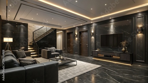 Luxury living room interior design with marble walls and flooring furniture and staircase lighting decor