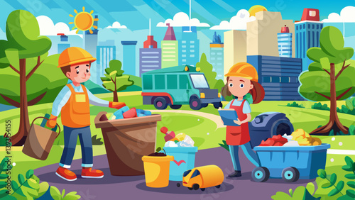 Two workers cleaning park with trash bins and garbage truck on sunny day in city