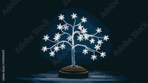 A captivating artistic representation of a wire tree adorned with sparkling lights, set against a moody dark background, ideal for home decor or creative projects.