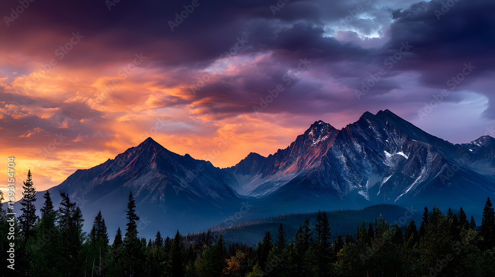 Fototapeta premium Colorful twilight sky casting hues over a mountain range at dusk.