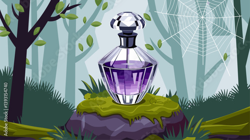 A stunning digital illustration of a crystal perfume bottle resting on a mossy stone, surrounded by a tranquil forest scene with a gentle mist and a spider web.