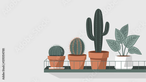 Modern illustration of a shelf showcasing various potted plants, including cacti and leafy greens, perfect for home decor.